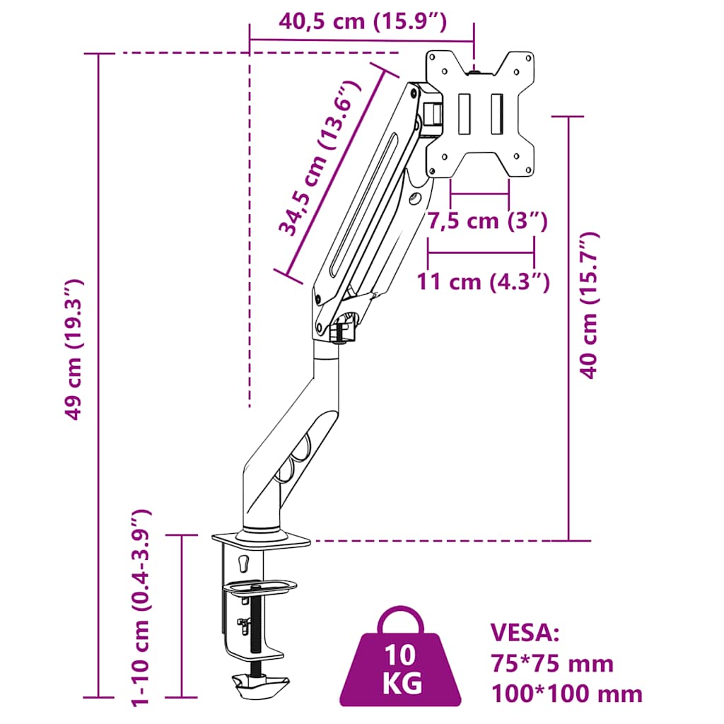 Bras de moniteur simple pour max. 27 pouces, ressort à gaz 10 kg