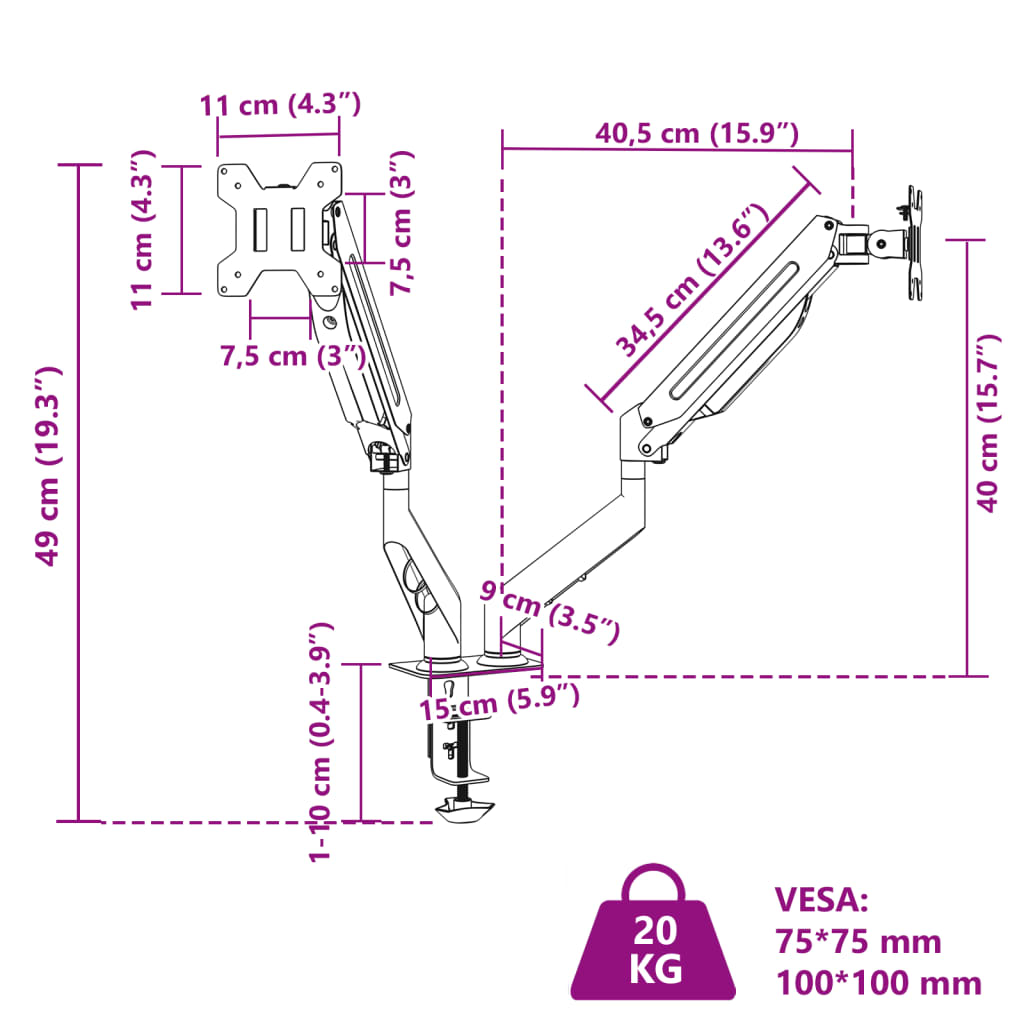 Dual Monitor Arm for Max 27 Inch Gas Spring 20 kg