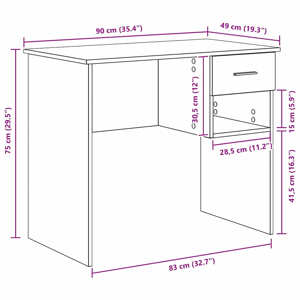 Bureau chêne Artisan 90 x 49 x 75 cm bois d'ingénierie