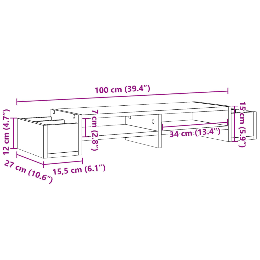 Support d'écran avec rangement Gris béton 100x27x15cm Bois d'ingénierie