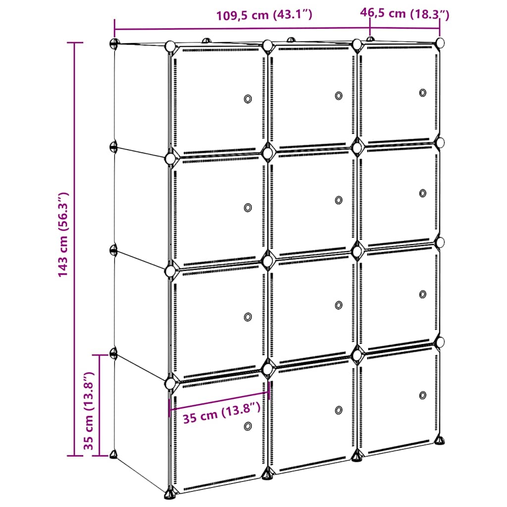 Shelf system with 12 cubes and hanging rails PP