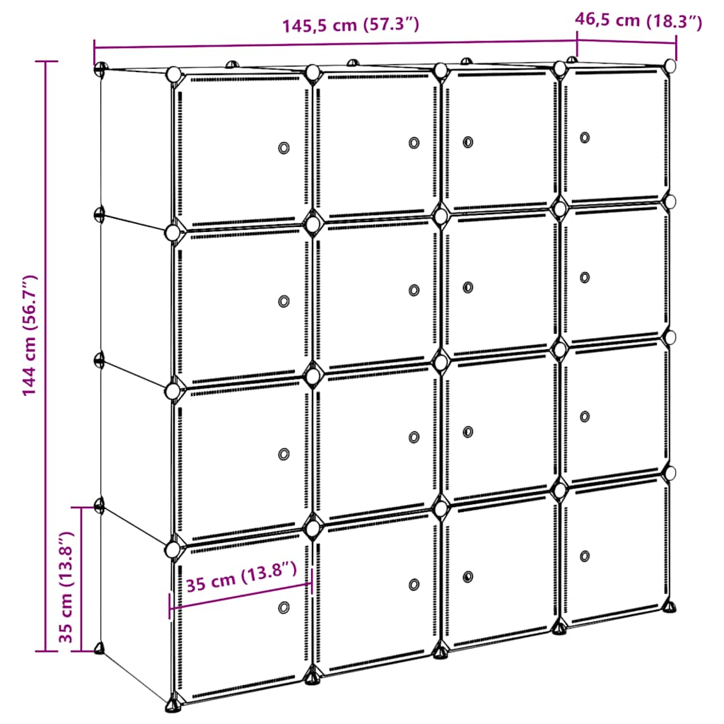 Étagère modulable avec 16 cubes et tringles de suspension PP