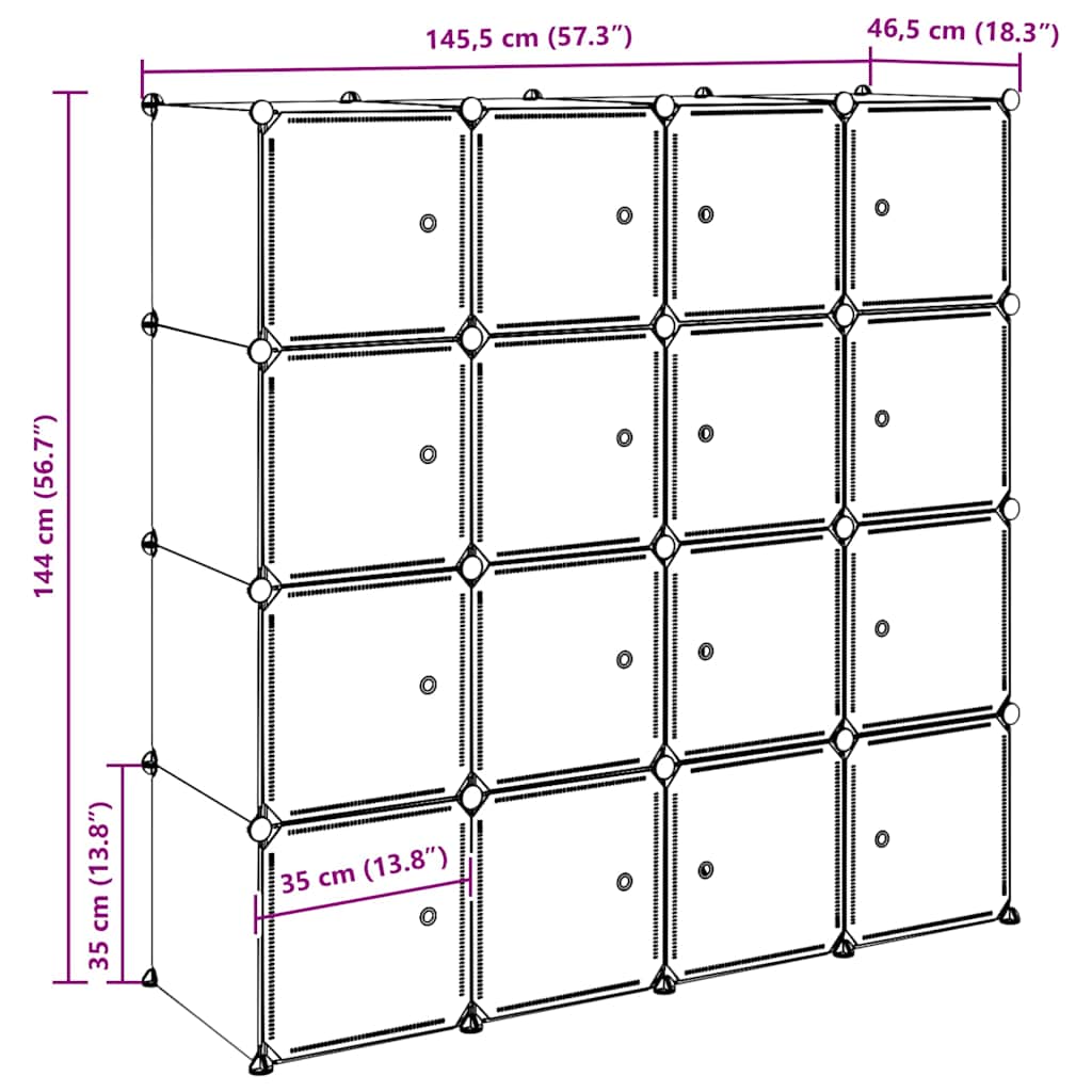 Shelf system with 16 cubes and hanging rods PP
