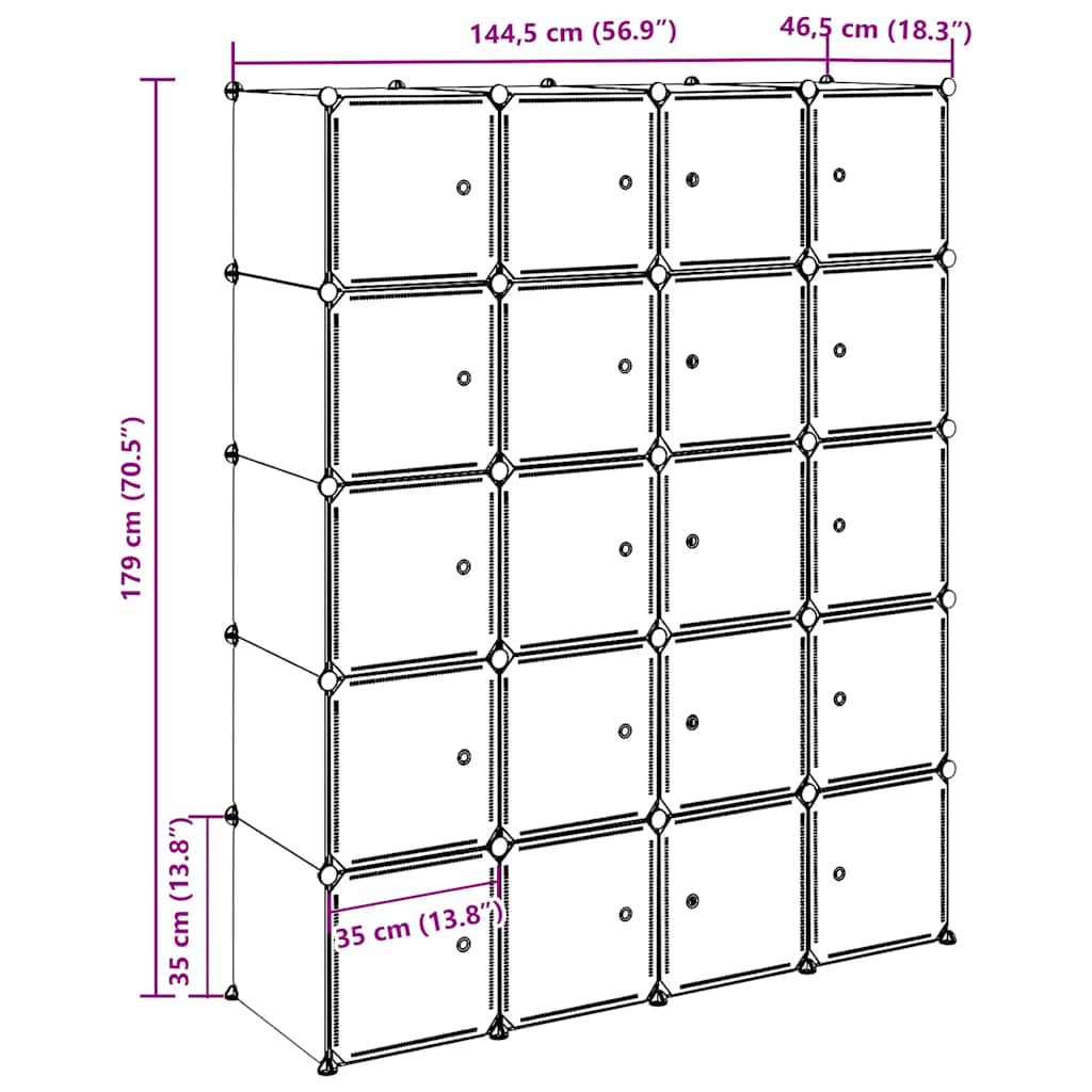 Rayonnage composé de 20 cubes et de tringles de suspension en PP