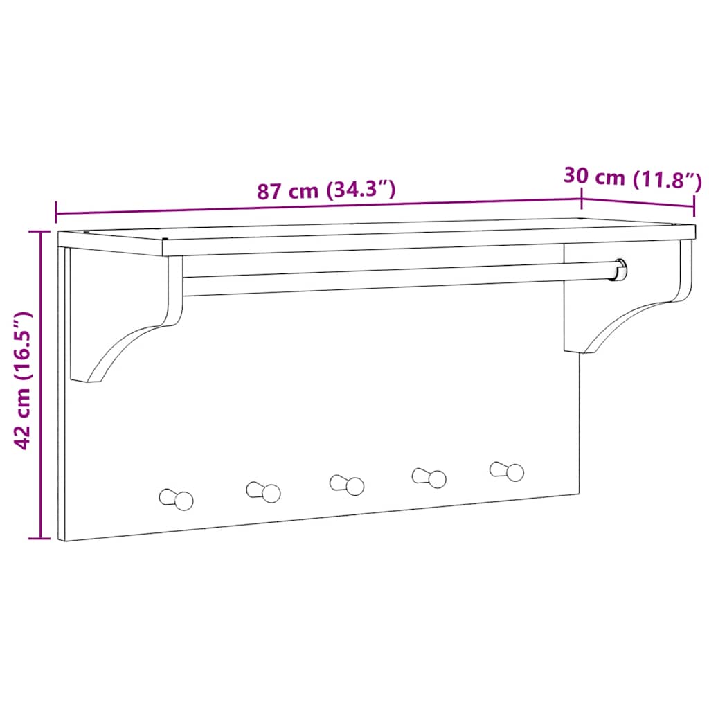 Wall Coat Rack SANDNES 87x30x42 cm Solid Pine