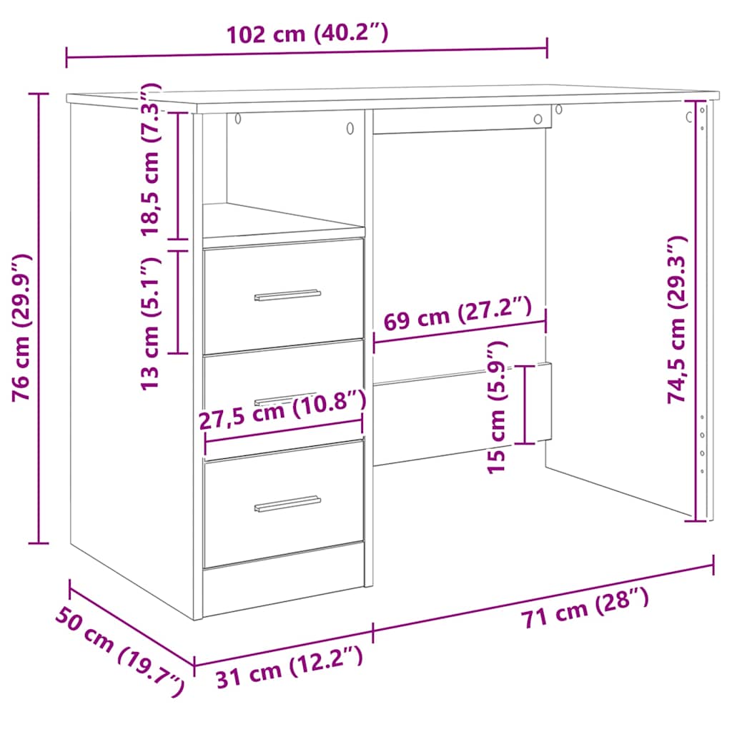 Schreibtisch mit Schubladen Schwarz Eichen-Optik 102x50x76 cm