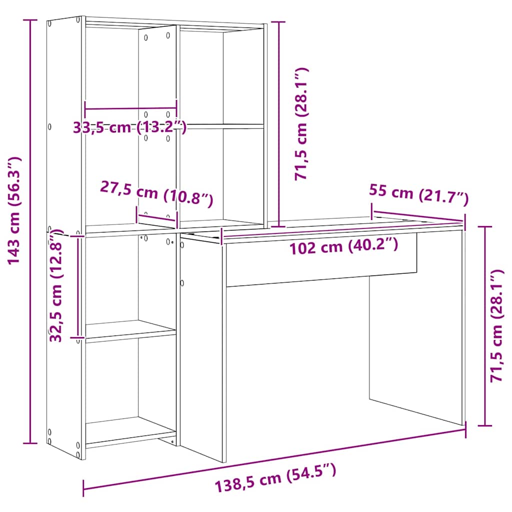Desk with Shelf Black Oak Effect 138.5 x 55 x 143 cm