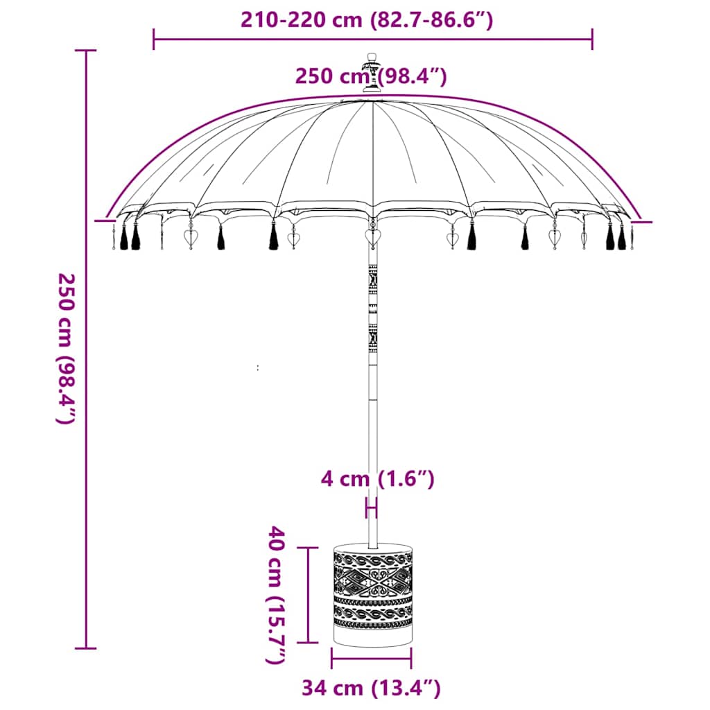 Balinesischer Sonnenschirm mit Sockel Blau 215 x 215 x 260 cm