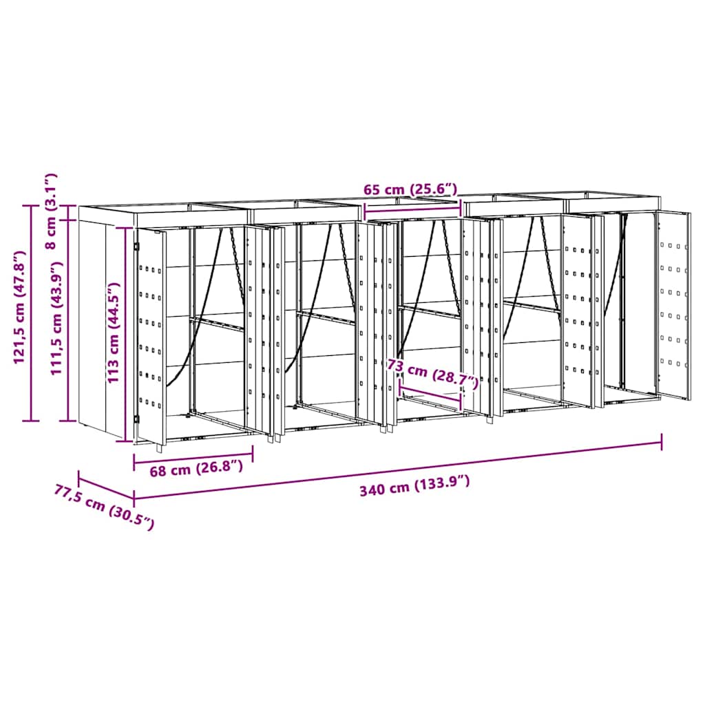 Wagenmüllbehälter für 5 Behälter Schwarz 340 x 77,5 x 121,5 cm
