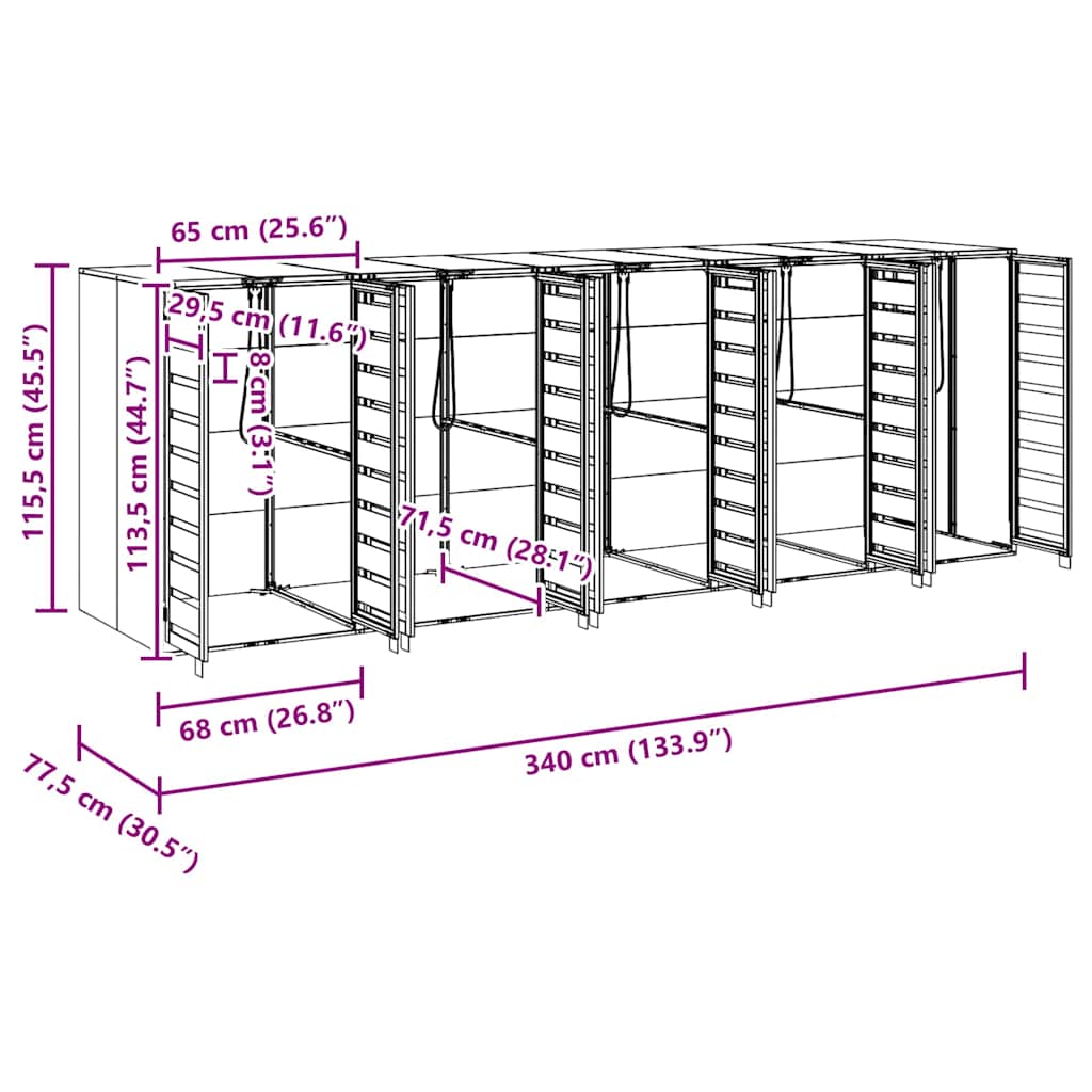 Wagenmüllbehälter für 5 Behälter 340 x 77,5 x 115,5 cm Stahl