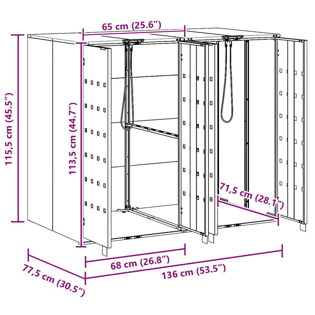 Wheeled waste bin enclosure for 2 bins 136 x 77.5 x 115.5 cm steel