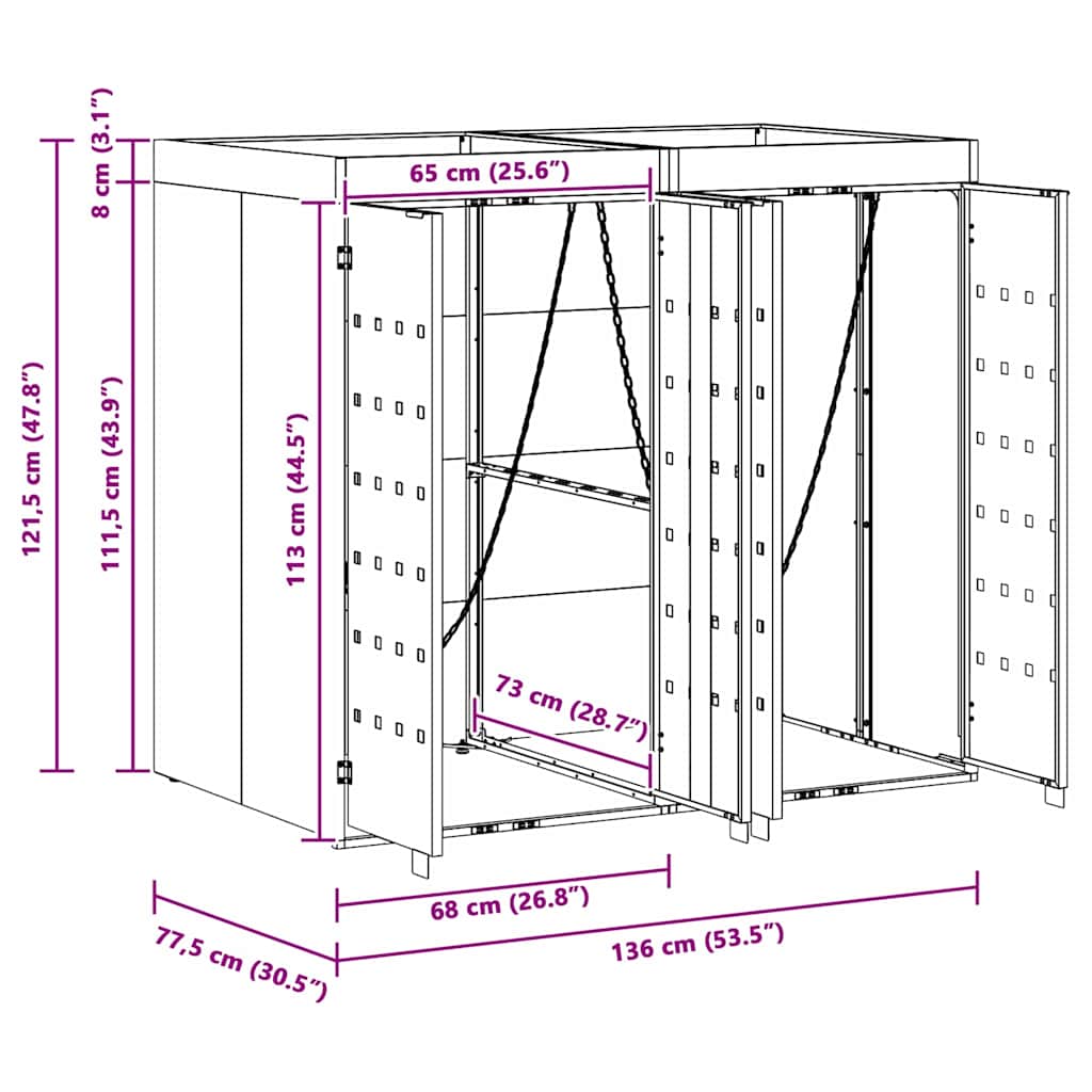 Wheelie bin enclosure for 2 bins 136 x 77.5 x 121.5 cm steel