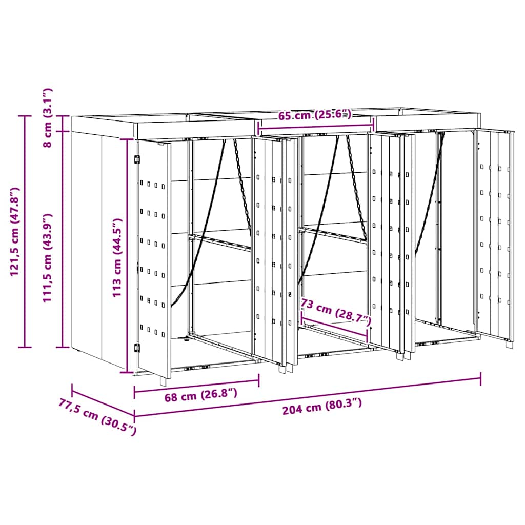 Waste Cart Container for 3 Bins 204 x 77.5 x 121.5 cm Steel
