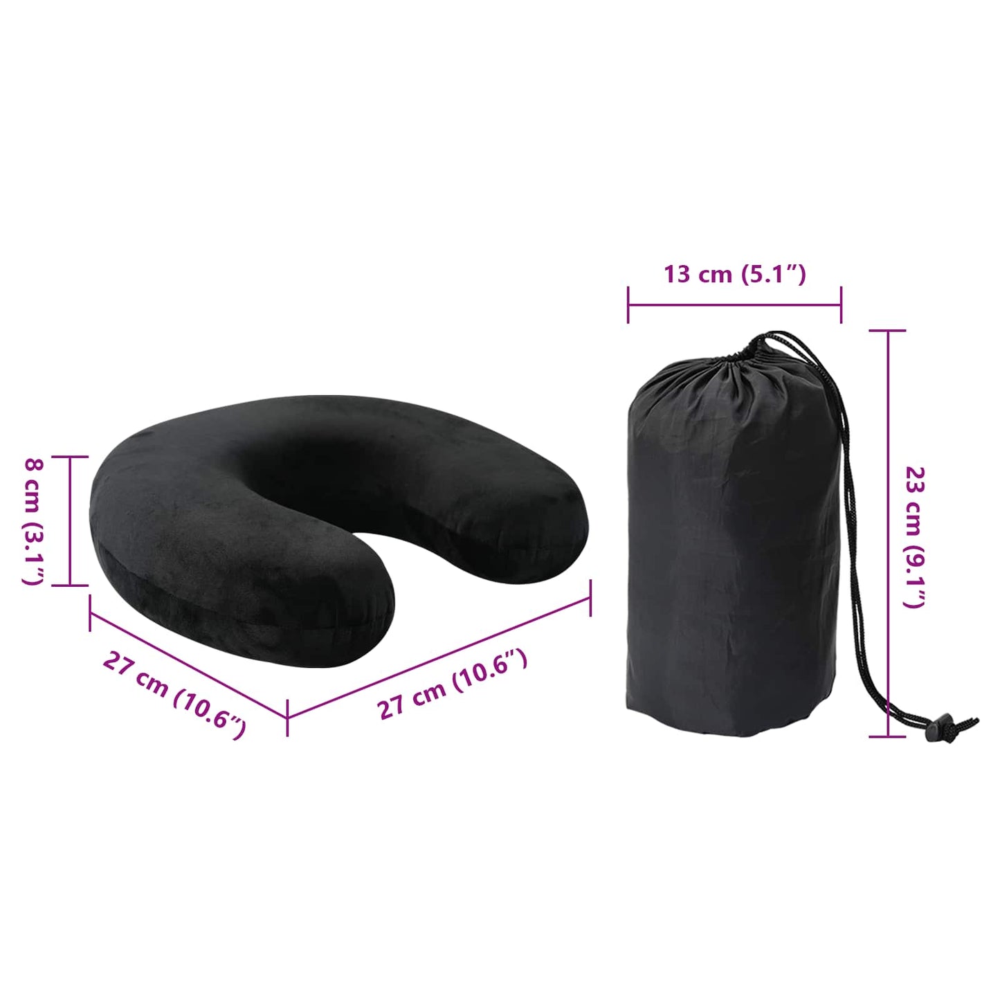 Travel neck pillow black 27 x 27 x 8 cm velvet