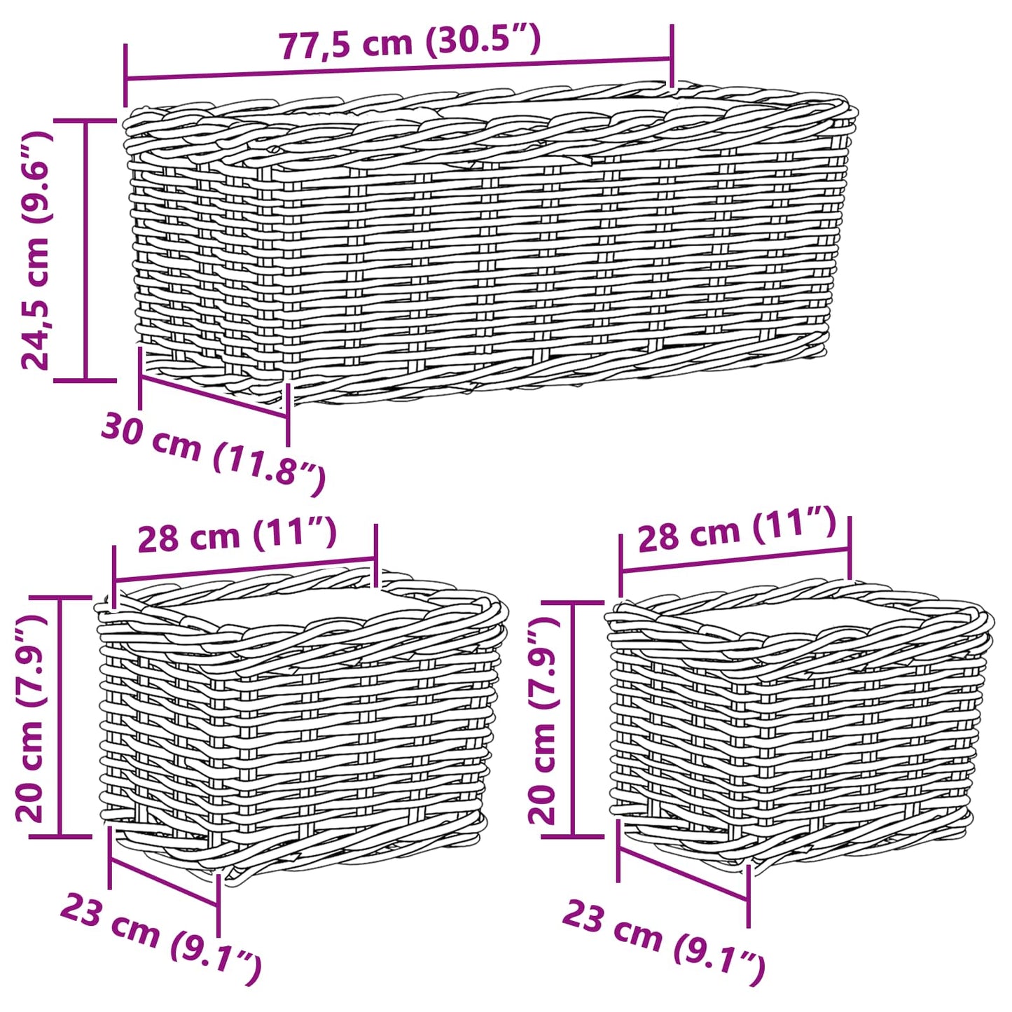 Flowerpot Basket with Storage 3 pcs Brown Kubu Rattan