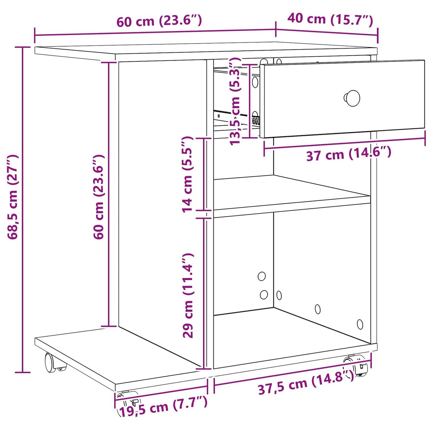 Druckerständer Uni Schwarz Eichen-Optik 60 x 40 x 68.5 cm