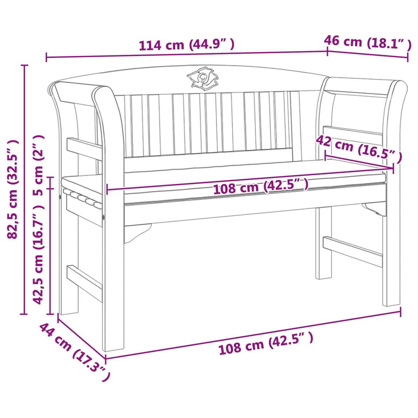 Rosenbank mit Kissen Natur 114 x 46 x 82,5 cm Massivholz Akazie