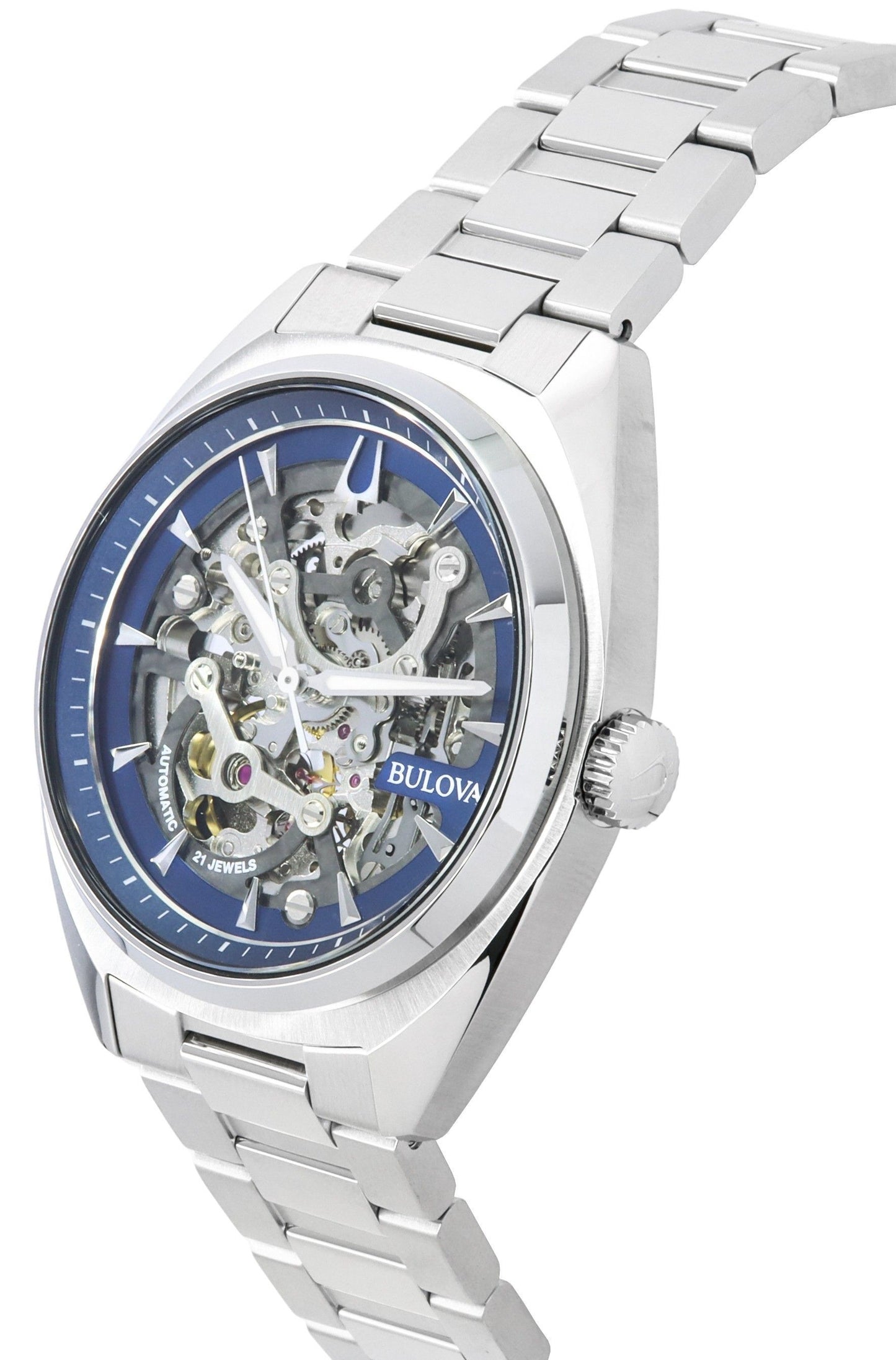 Bulova Classic Surveyor Edelstahl Blue Skelett-Zifferblatt Automatik 96A292 100M Herrenuhr