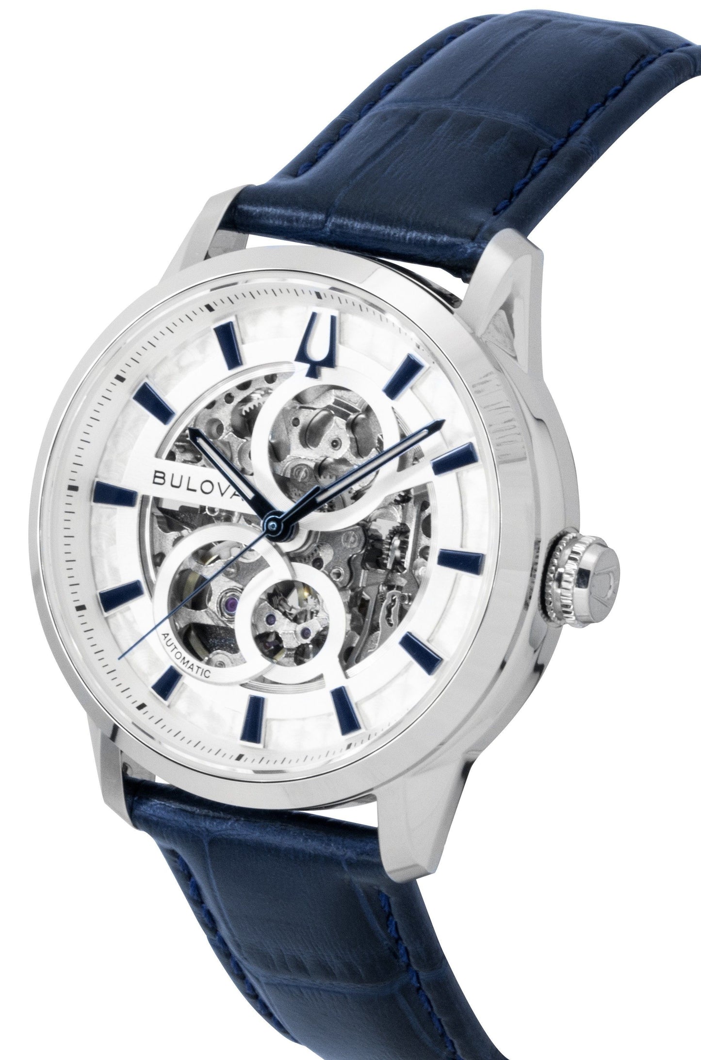 Bulova Sutton Lederarmband Silver Skeleton Automatik 96A330 Herrenuhr