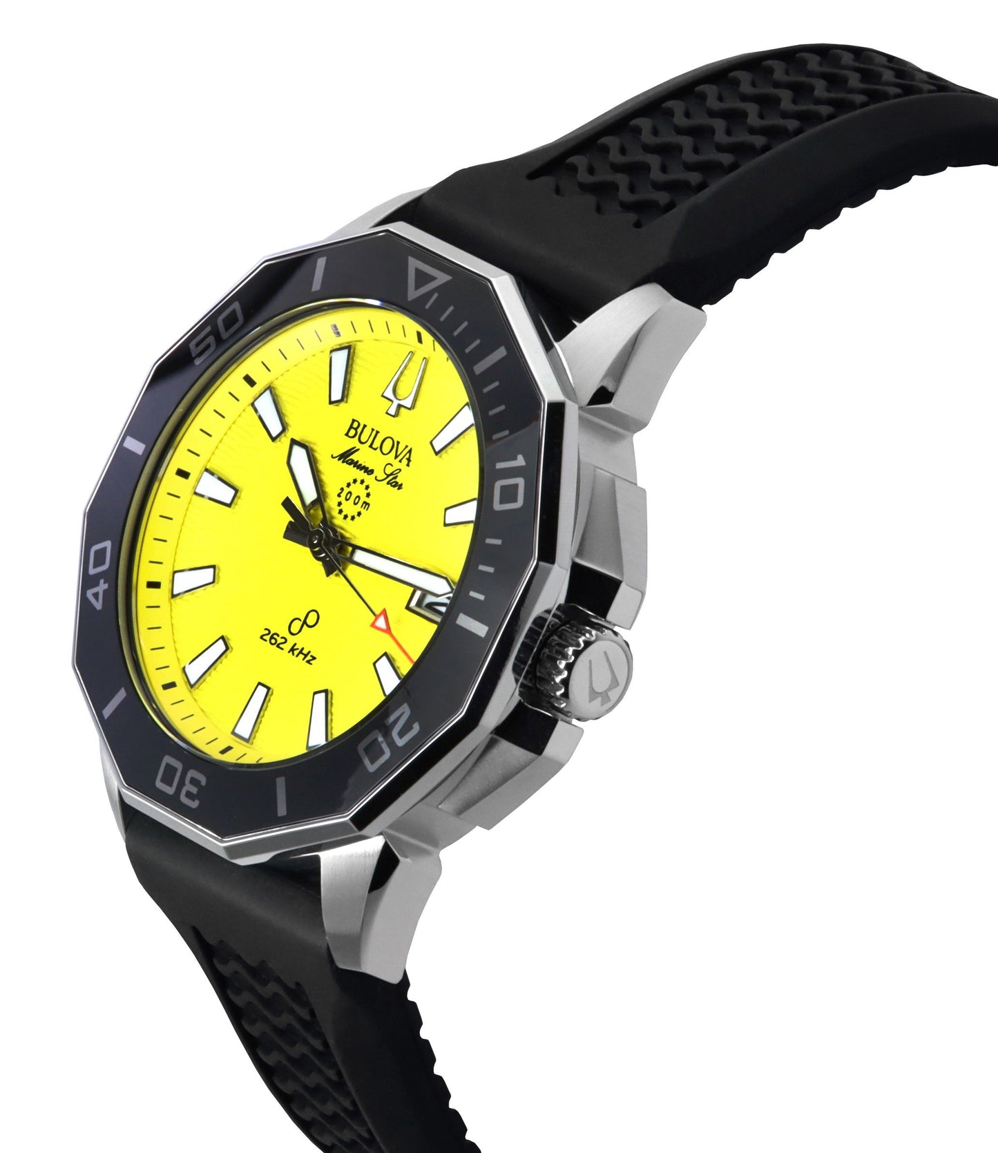 Bulova Marine Star Black Silicone Strap Yellow Dial Precisionist Quarz Taucher 200M 96B431 Herrenuhr