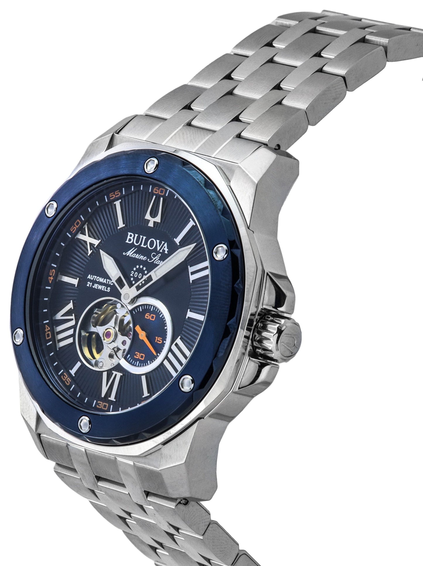 Bulova Marine Star Edelstahl Open Heart Blaues Zifferblatt Automatik 21 Jewels 98A302 200M Herrenuhr