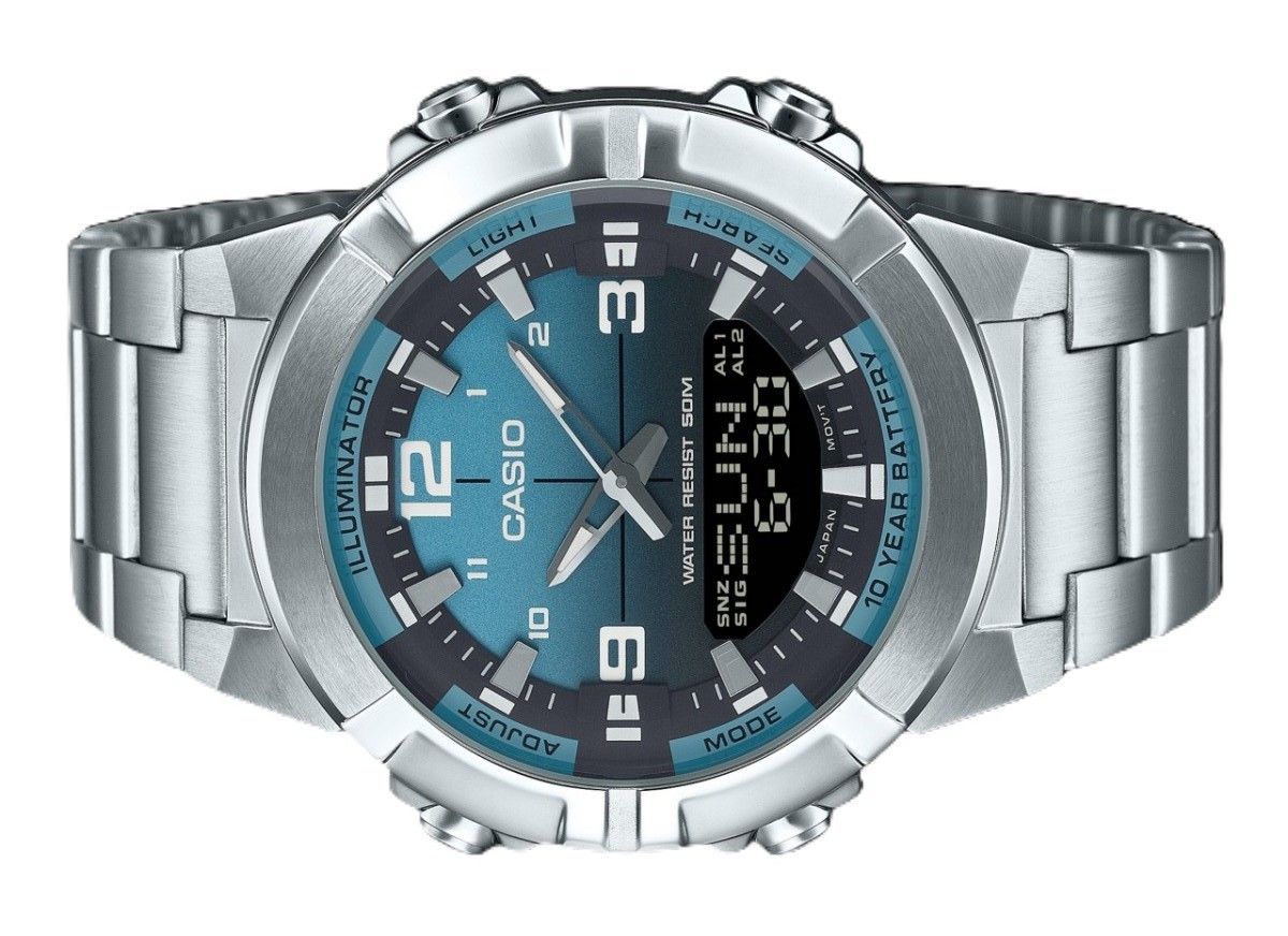 Casio Analog Digital Combination Edelstahl Light Blaues Zifferblatt Quarz AMW-870DA-2A2V Herrenuhr