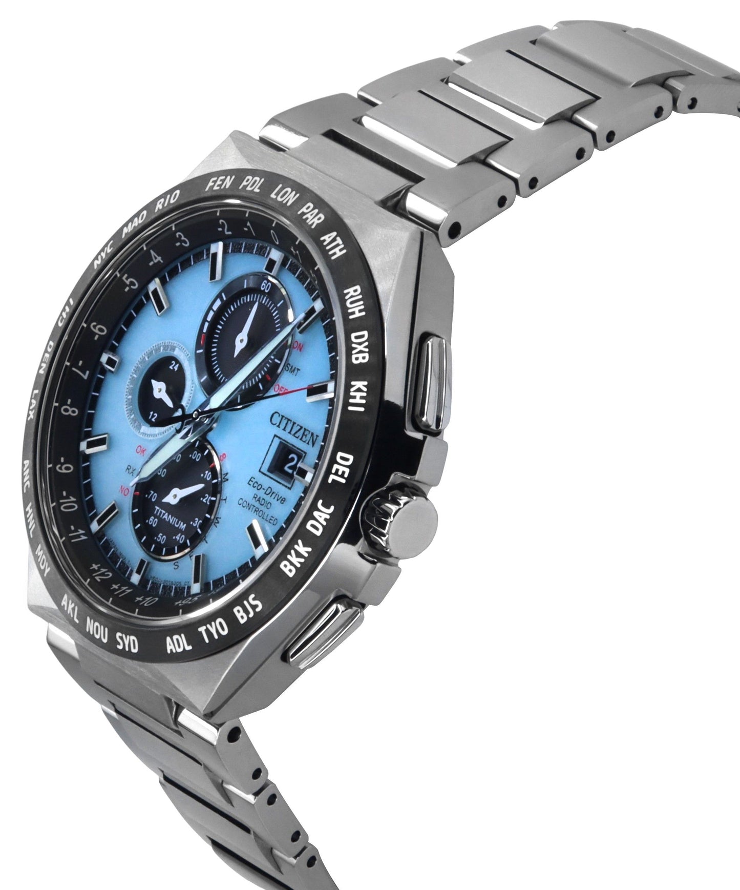 Citizen Eco-Drive Radio Controlled GMT Chronograph Super Titanium Light Blaues Zifferblatt AT8238-84M 100M Herrenuhr