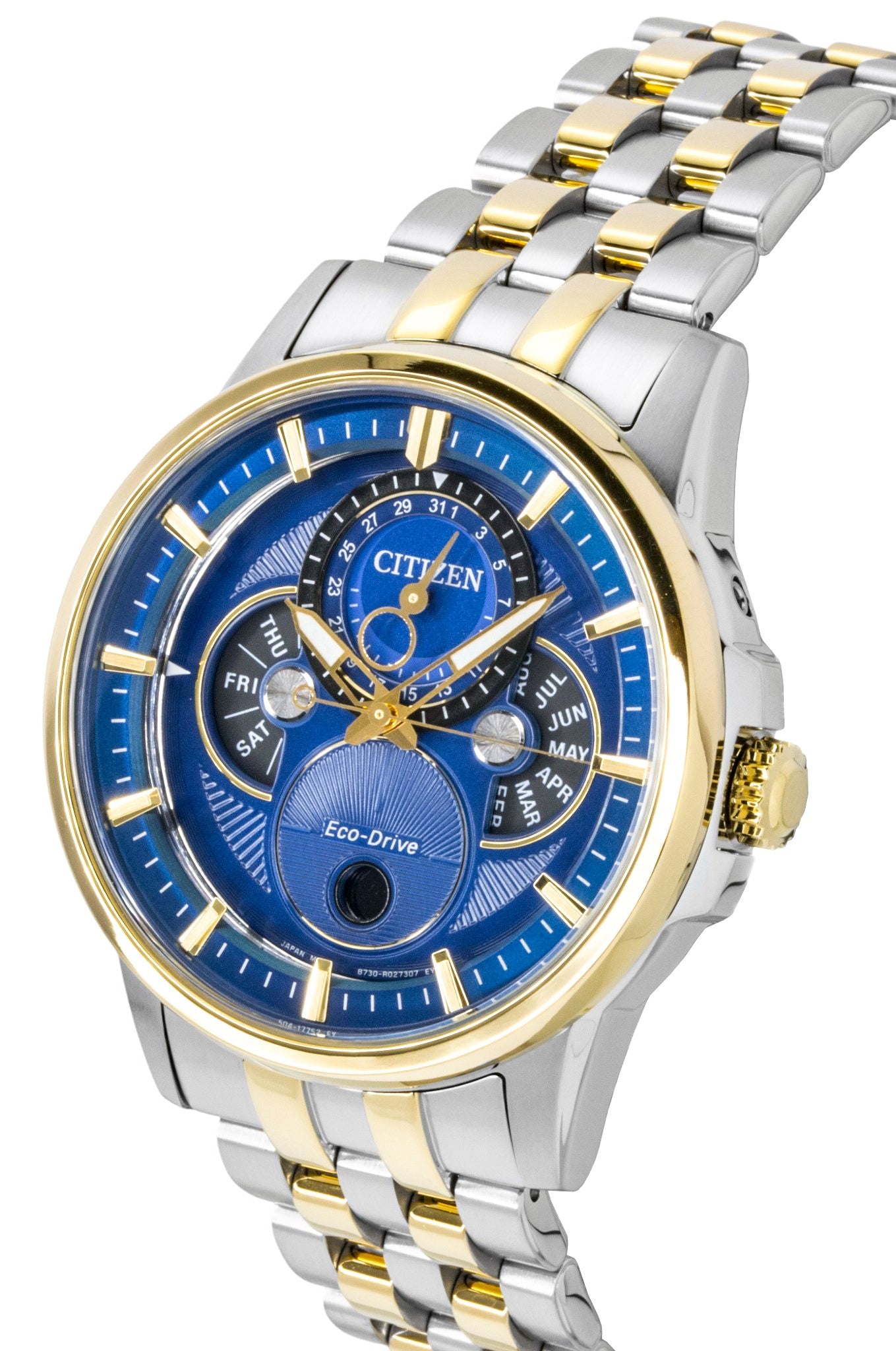 Citizen Calendrier Moonphase Two Tone Edelstahl Blaues Zifferblatt Eco-Drive BU0054-52L 100M Herrenuhr