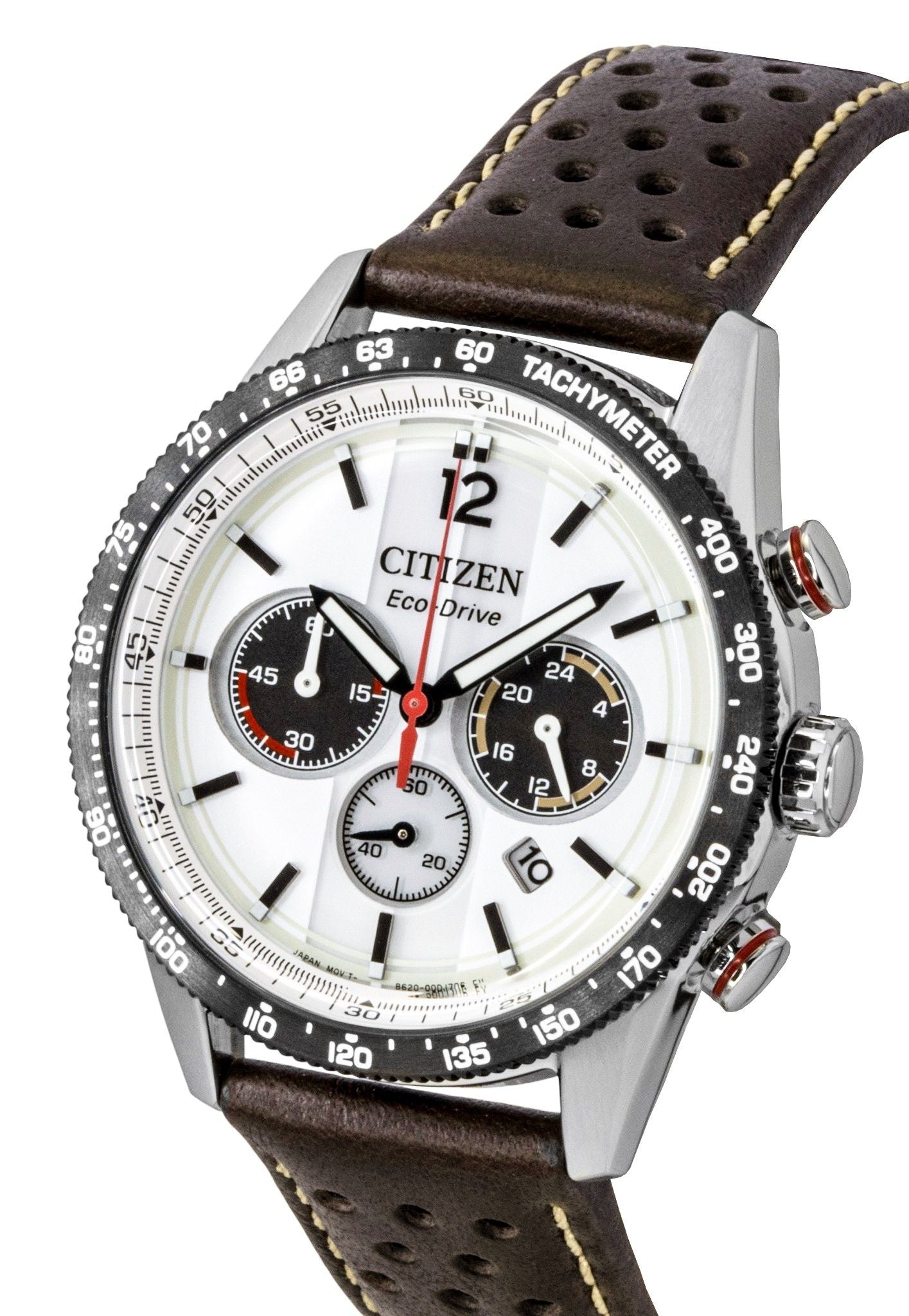 Citizen Eco-Drive Chronograph Analog Brown Lederarmband White Dial Solar CA4714-04A 100M Herrenuhr