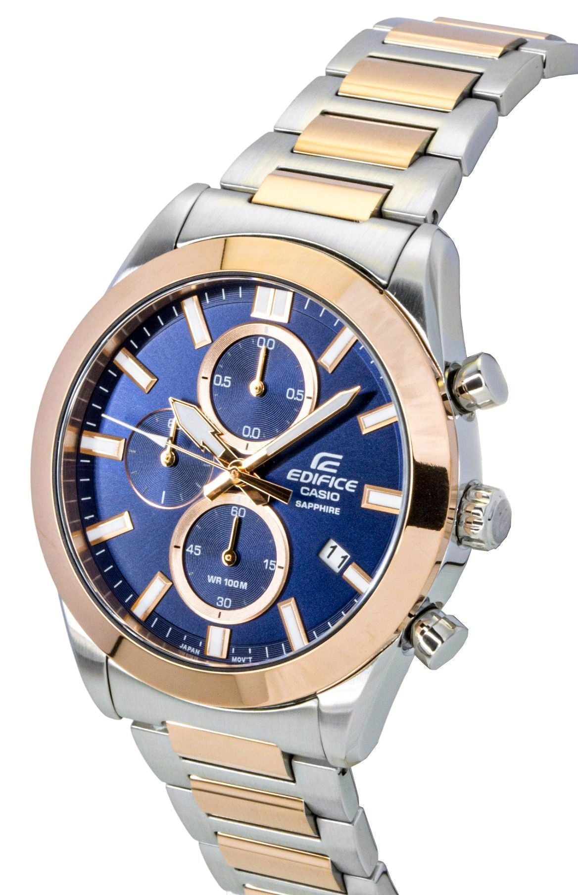 Casio Edifice Analog Chronograph Two Tone Edelstahl Blaues Zifferblatt Quarz EFB-710SG-2AV 100M Herrenuhr