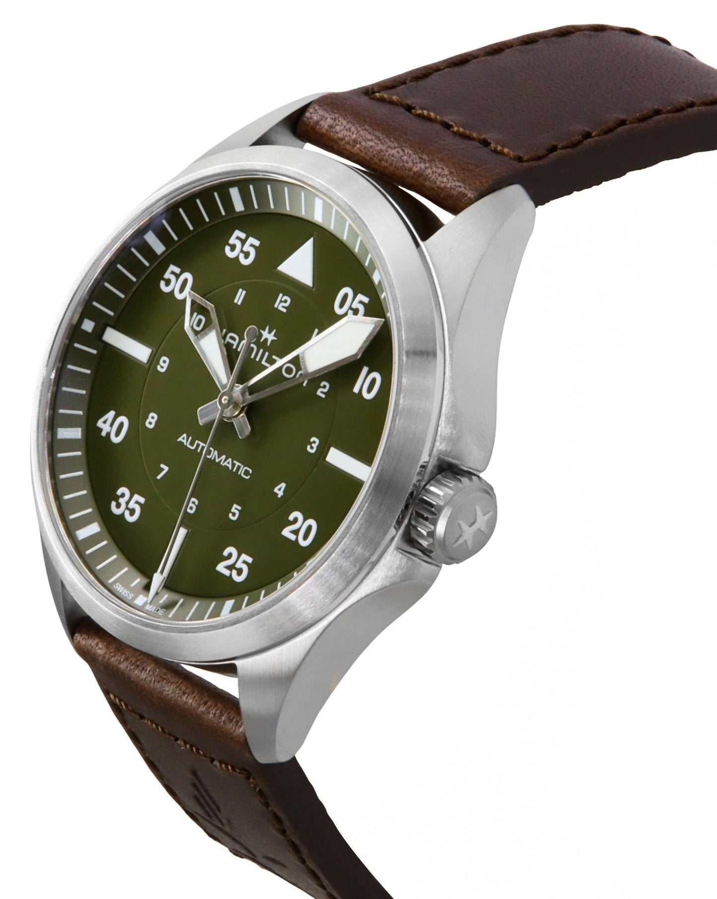 Hamilton Khaki Aviation Pilot Lederarmband Gr?nes Zifferblatt Automatik H76305560 100M Herrenuhr