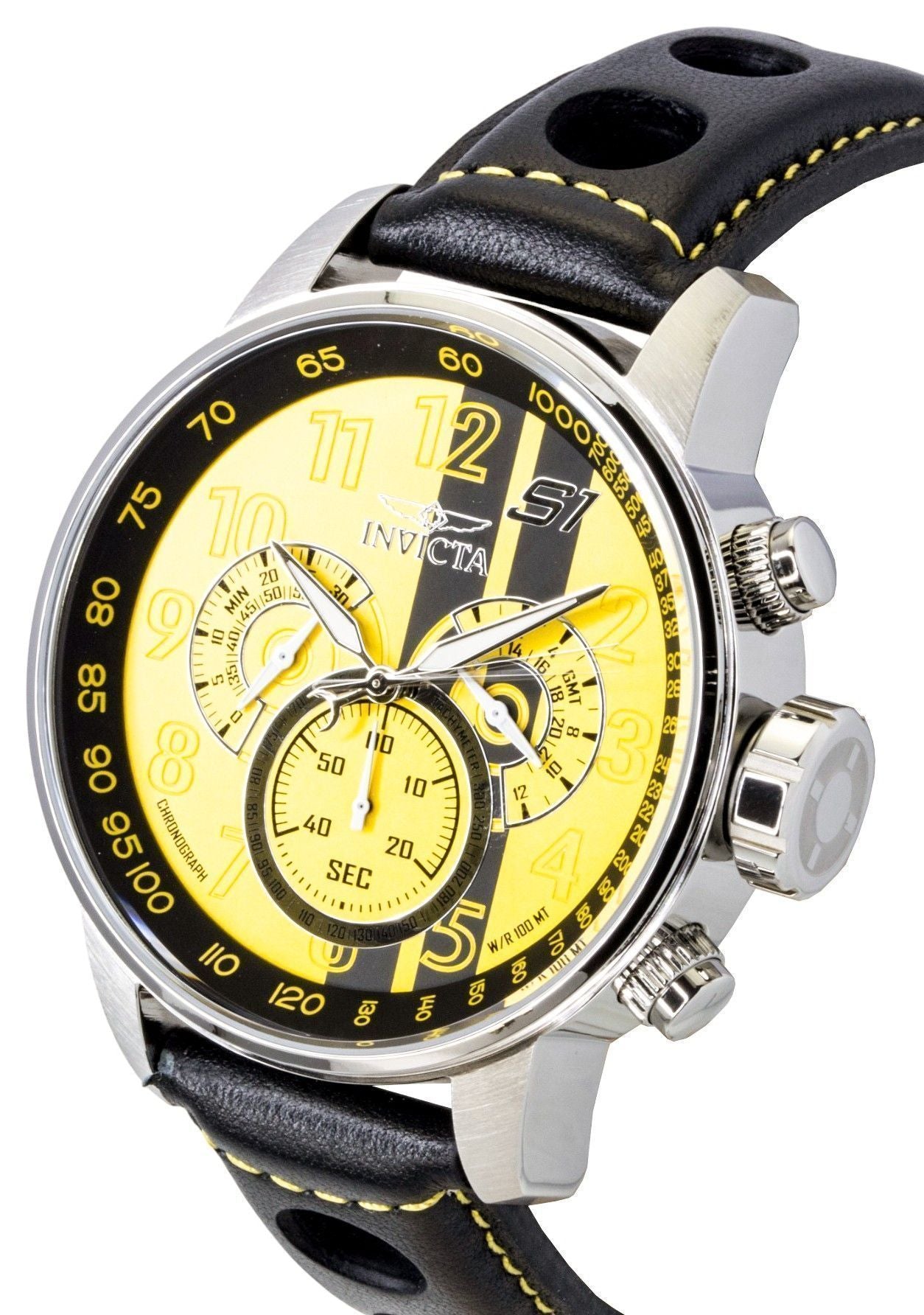 Invicta S1 Rally Chronograph GMT Lederarmband Yellow and Schwarzes Zifferblatt Quarz 48616 100M Herrenuhr