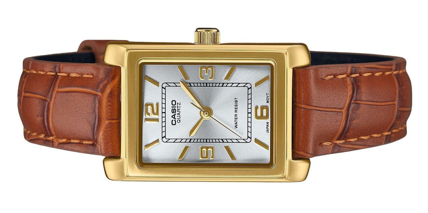Casio Standard Analog Brown Lederarmband Silberfarbenes Zifferblatt Quarz LTP-1234GLL-7A Damenuhr