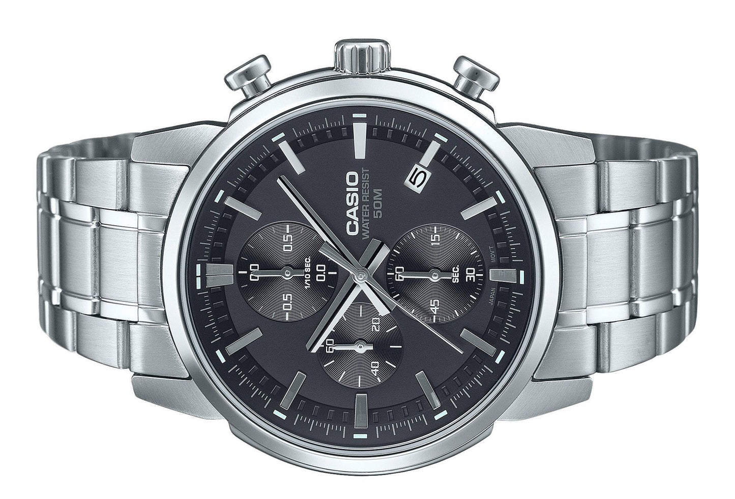 Casio Standard Analog Chronograph Edelstahl Schwarzes Zifferblatt Quarz MTP-E510D-1A1V Herrenuhr