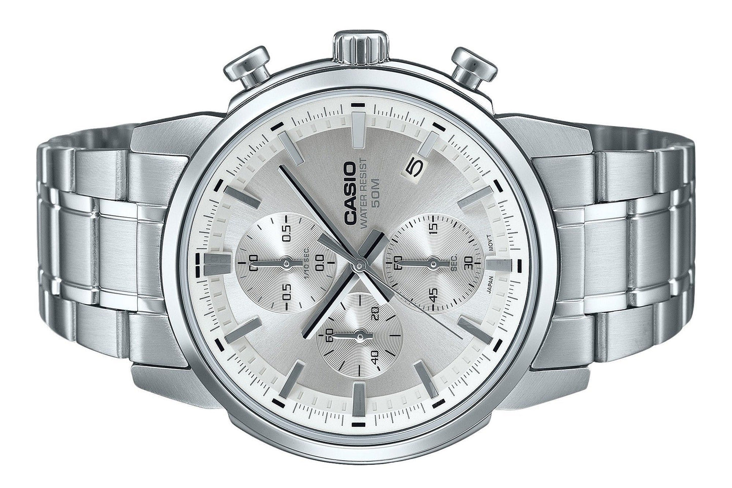 Casio Standard Analog Chronograph Edelstahl Silberfarbenes Zifferblatt Quarz MTP-E510D-7AV Herrenuhr