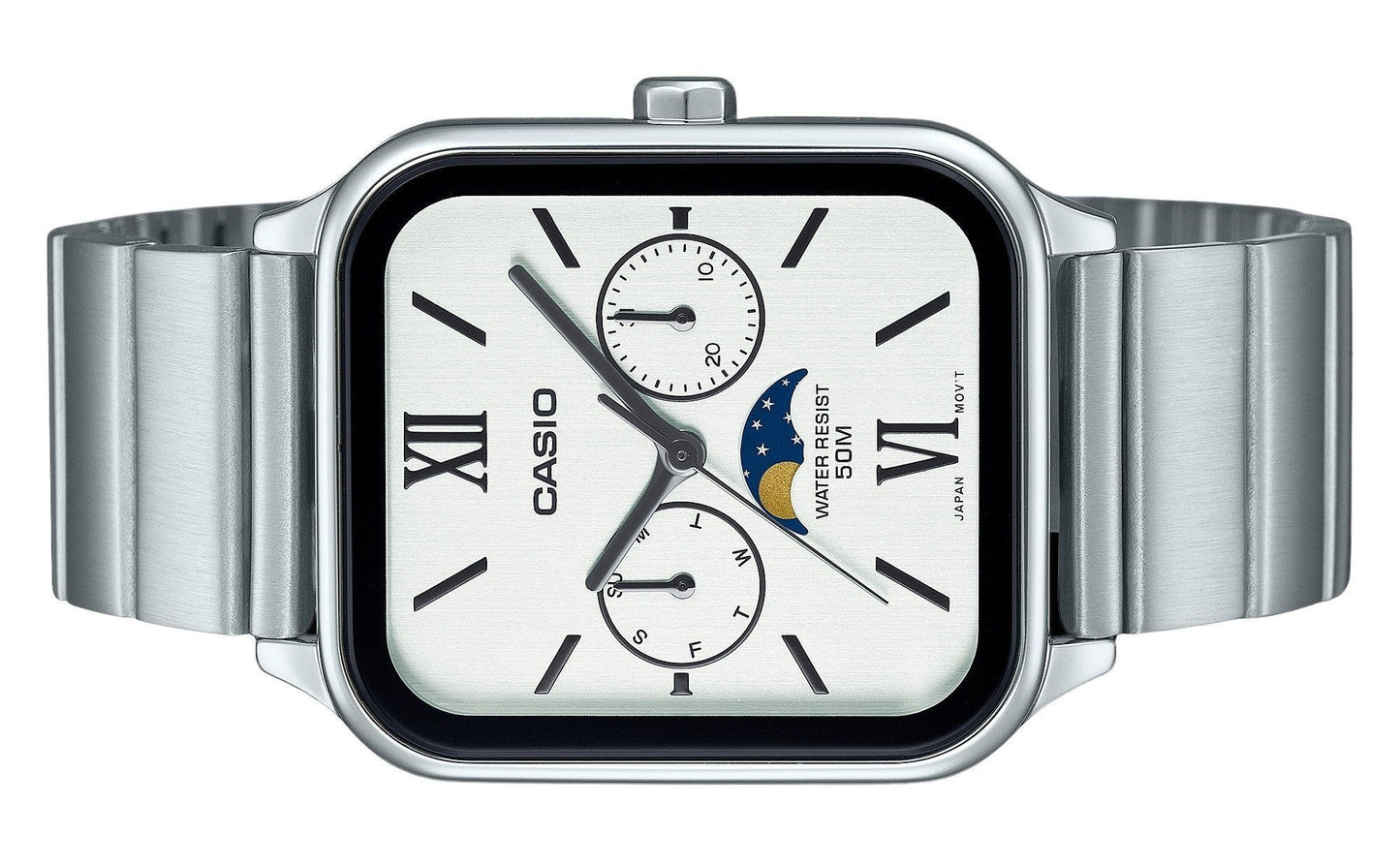 Casio Standard Analog Moon Phase Edelstahl White Dial Quarz MTP-M305D-7A2V Herrenuhr