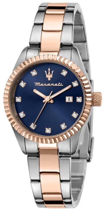 Maserati Competizione Crystal Accents Two Tone Edelstahl Blaues Zifferblatt Quarz R8853100507 100M Damenuhr