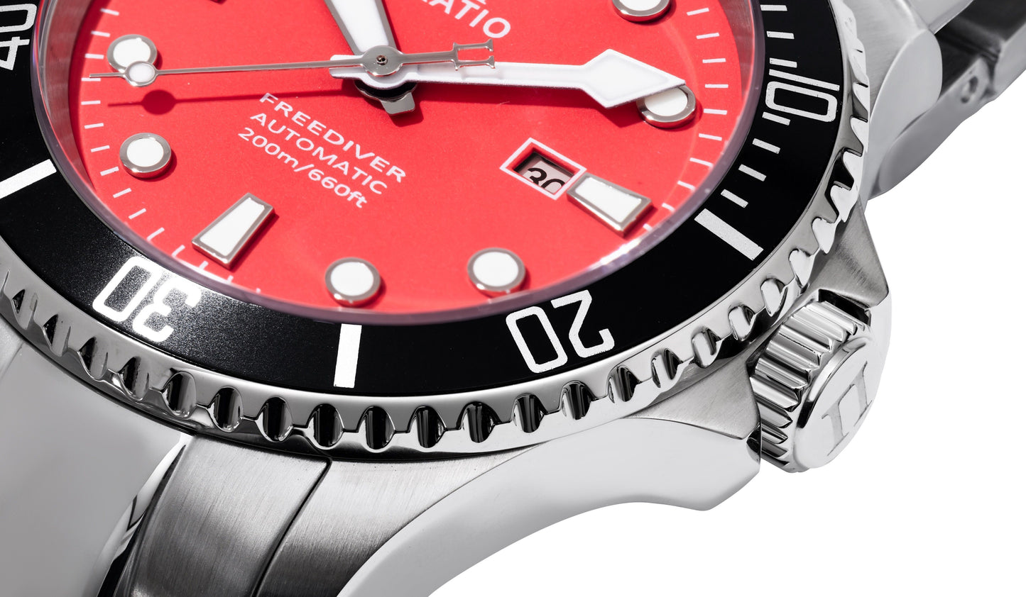 Ratio FreeDiver Sapphire Edelstahl Red Dial Automatik RTFL836 200M Damenuhr