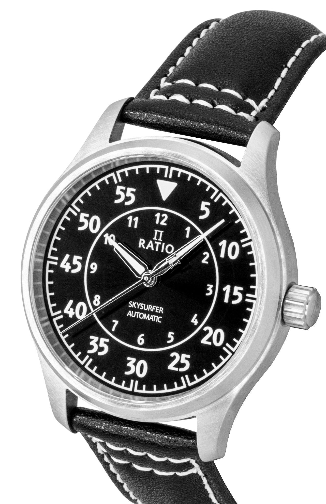 Ratio Skysurfer Pilot Black Sunray Dial Leather Automatik RTS321 200M Herrenuhr