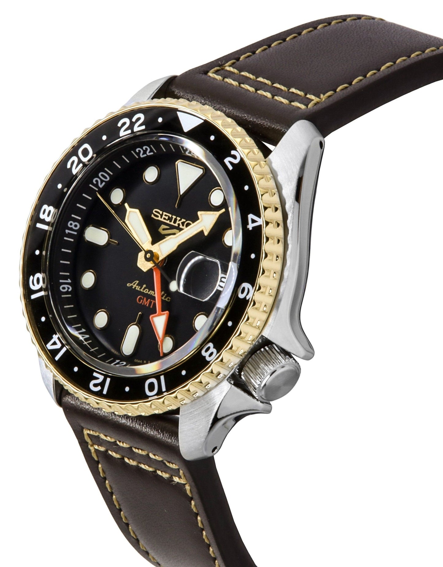 Seiko 5 Sports SKX GMT Lederarmband Schwarzes Zifferblatt Automatik SSK036K1 100M Herrenuhr