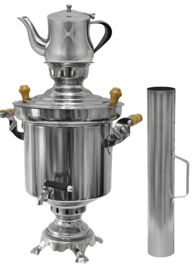Edelstahl Holzkohle Samowar 5 Liter mit 0,9 Liter Teekanne + Schornstein Wasserkocher, SKU: TC_2502201406
