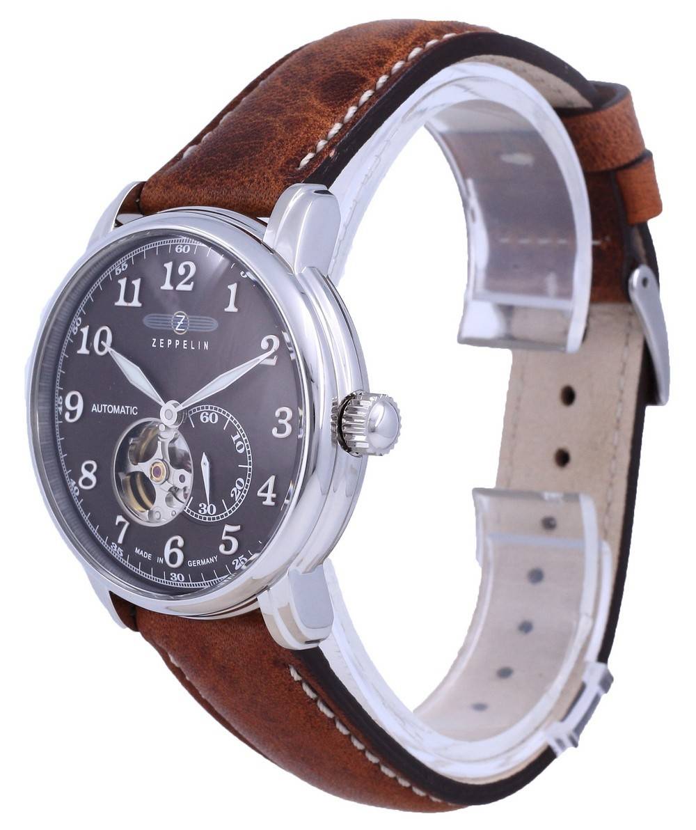 Zeppelin LZ127 Graf Open Heart Leather Automatik 7666-4 76664 Herrenuhr