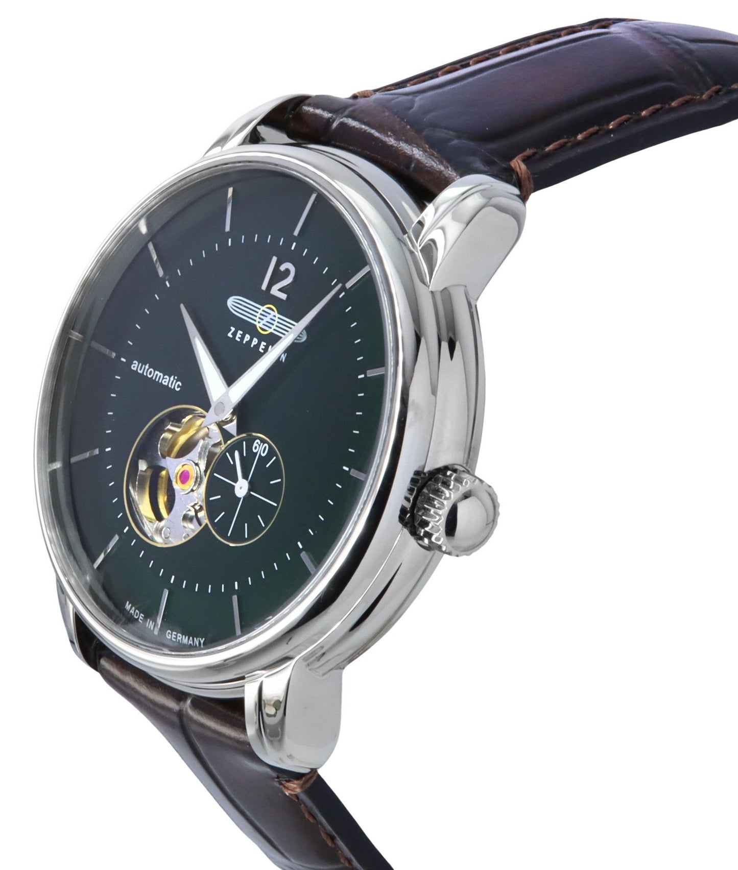 Zeppelin LZ 120 Bodensee Lederarmband Open Heart Gr?nes Zifferblatt Automatik 81664 Herrenuhr