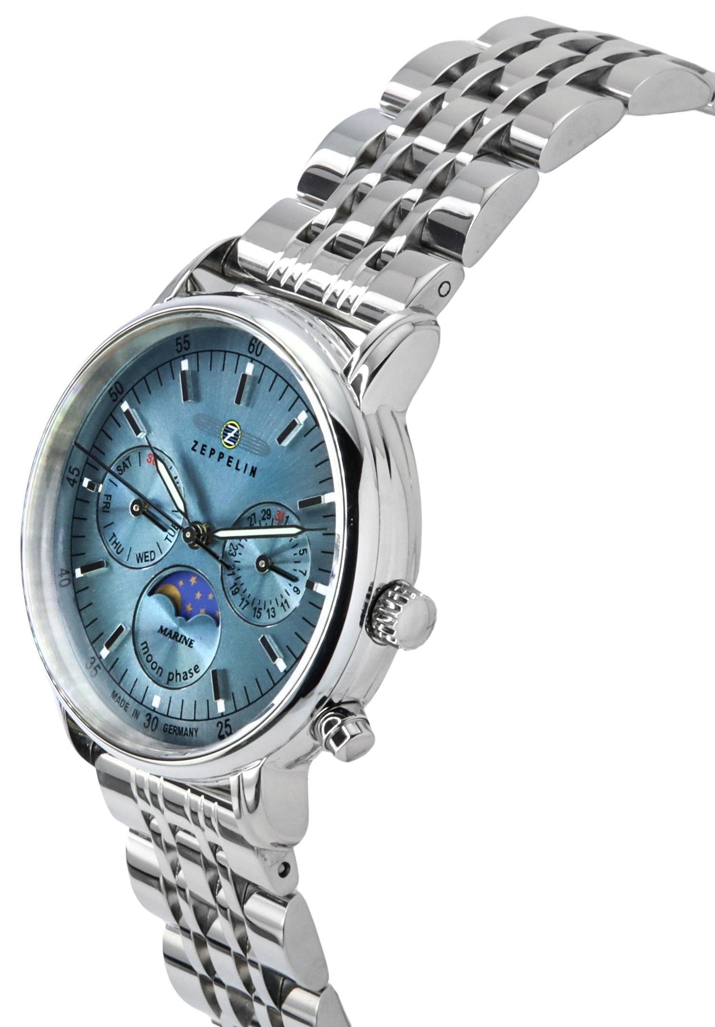 Zeppelin LZ14 Marine Moonphase Edelstahl Ice Blaues Zifferblatt Quarz 8637M3 Damenuhr