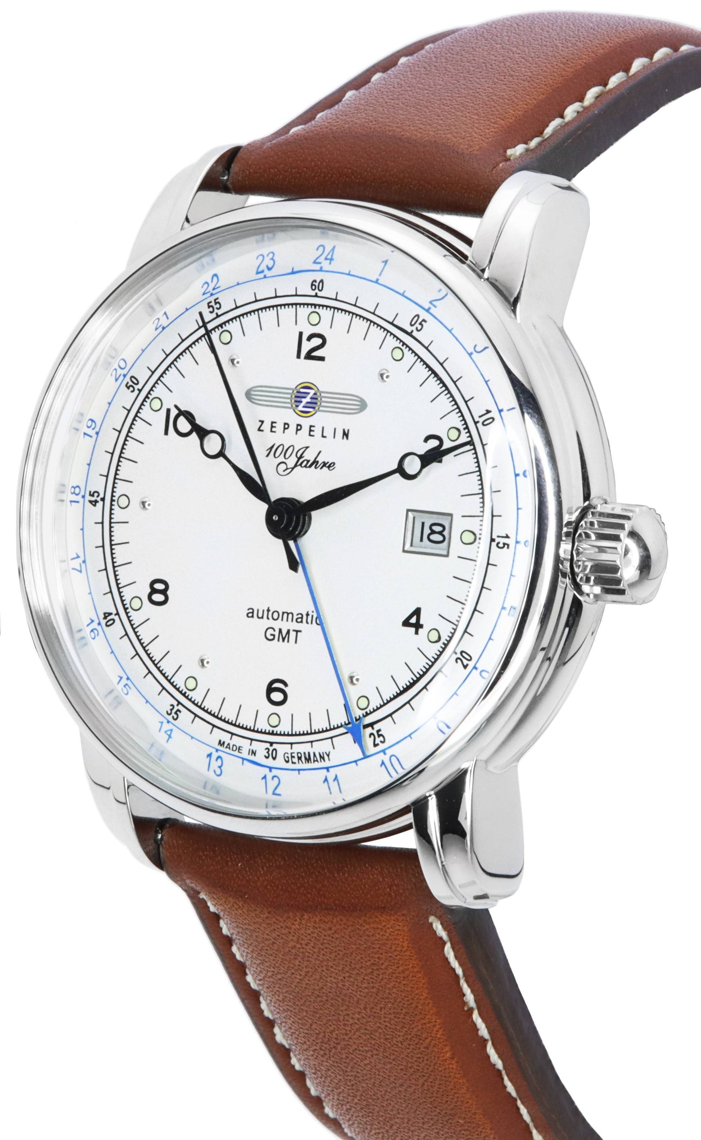Zeppelin 100 Jahre GMT Lederarmband Silberfarbenes Zifferblatt Automatik 86661 Herrenuhr