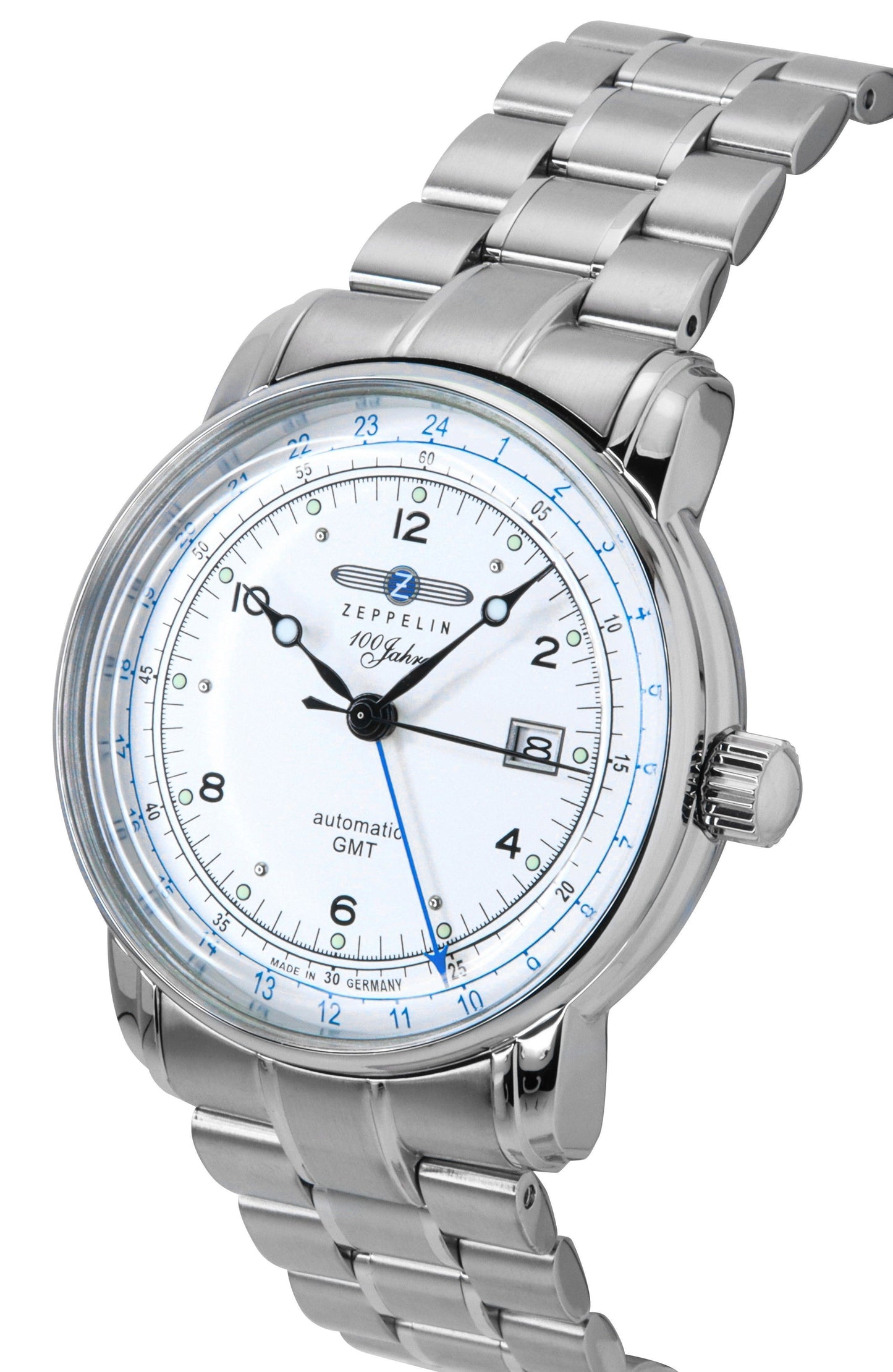 Zeppelin 100 Jahre GMT Edelstahl Silberfarbenes Zifferblatt Automatik 8666MB1 Herrenuhr