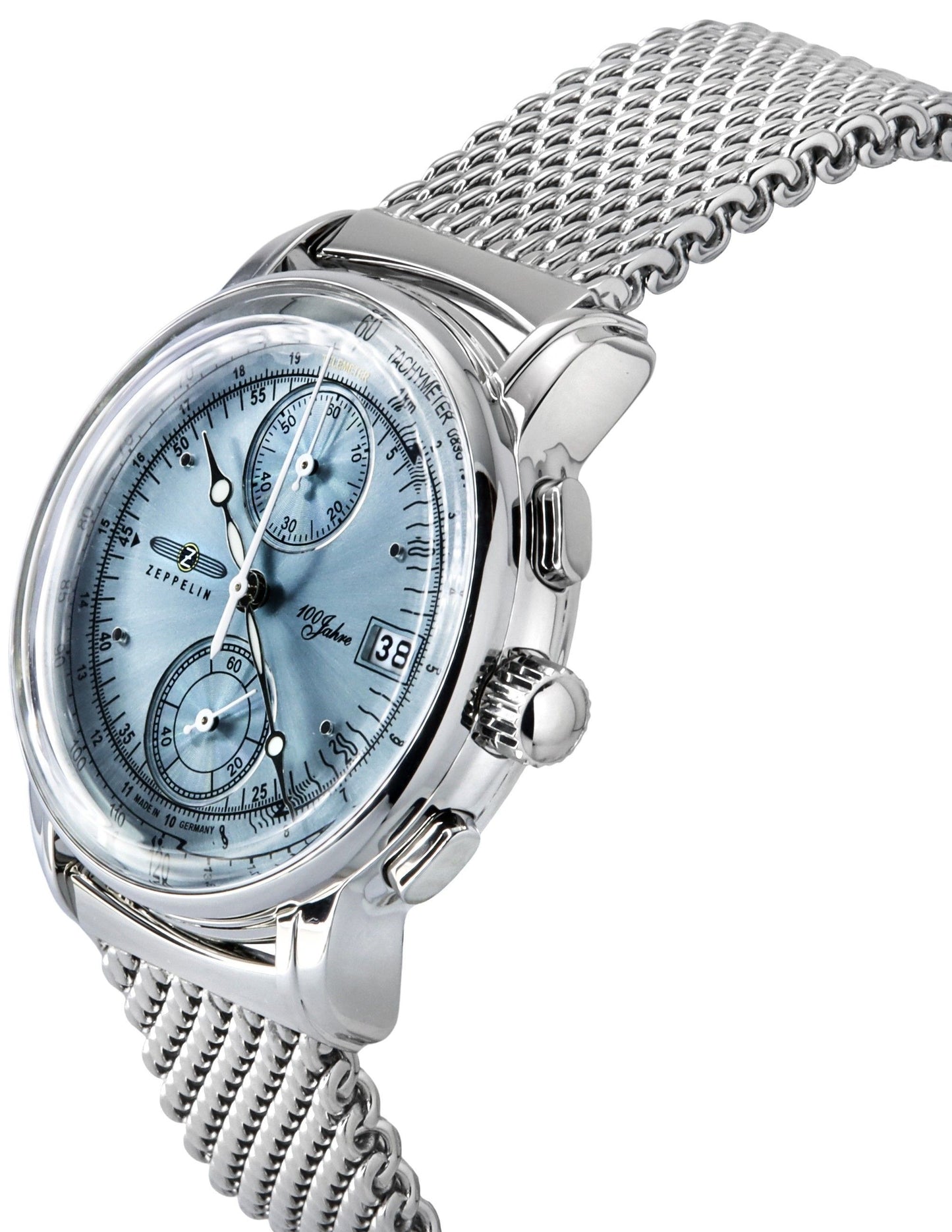 Zeppelin 100 Jahre Ed 1 Chronograph Ice Blaues Zifferblatt Quarz 8670M4 Herrenuhr