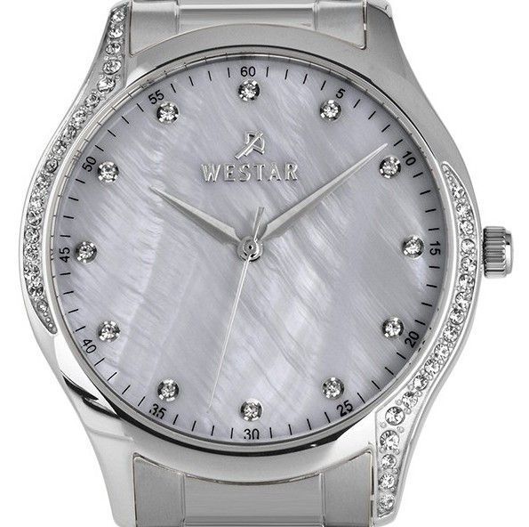 Westar Zing Crystal Accents Edelstahl White Perlmutt-Zifferblatt Quarz 00127STN111 Damenuhr