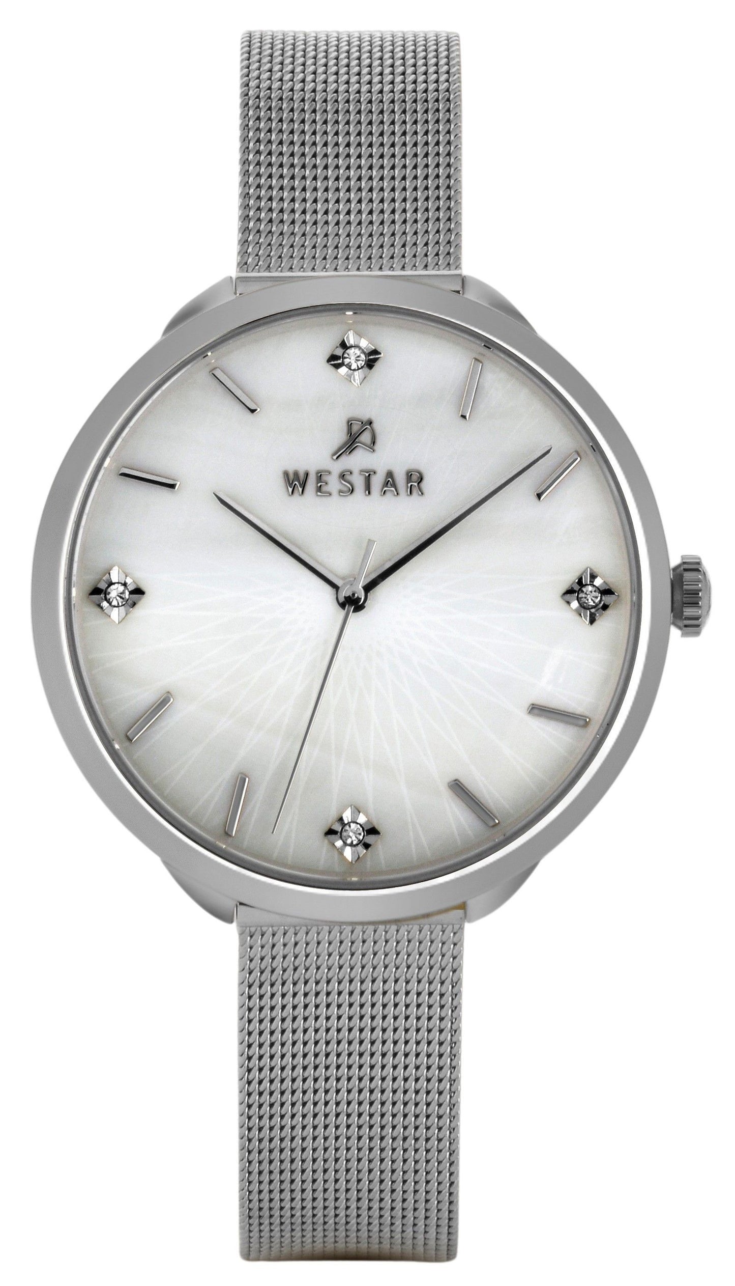 Westar Zing Crystal Accents Edelstahl Mesh White Perlmutt-Zifferblatt Quarz 00128STN11 Damenuhr