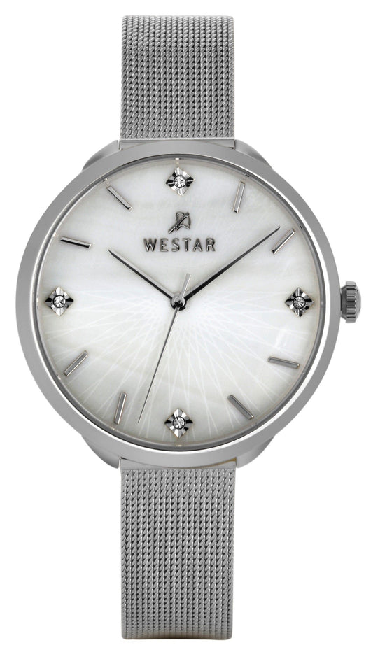 Westar Zing Crystal Accents Edelstahl Mesh White Perlmutt-Zifferblatt Quarz 00128STN11 Damenuhr